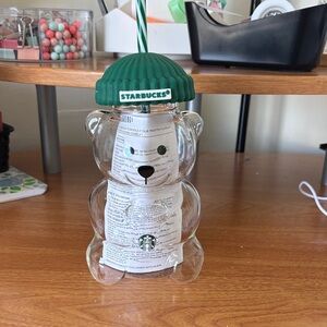 Starbucks Clear Bear Tumbler with Green Beanie Lid